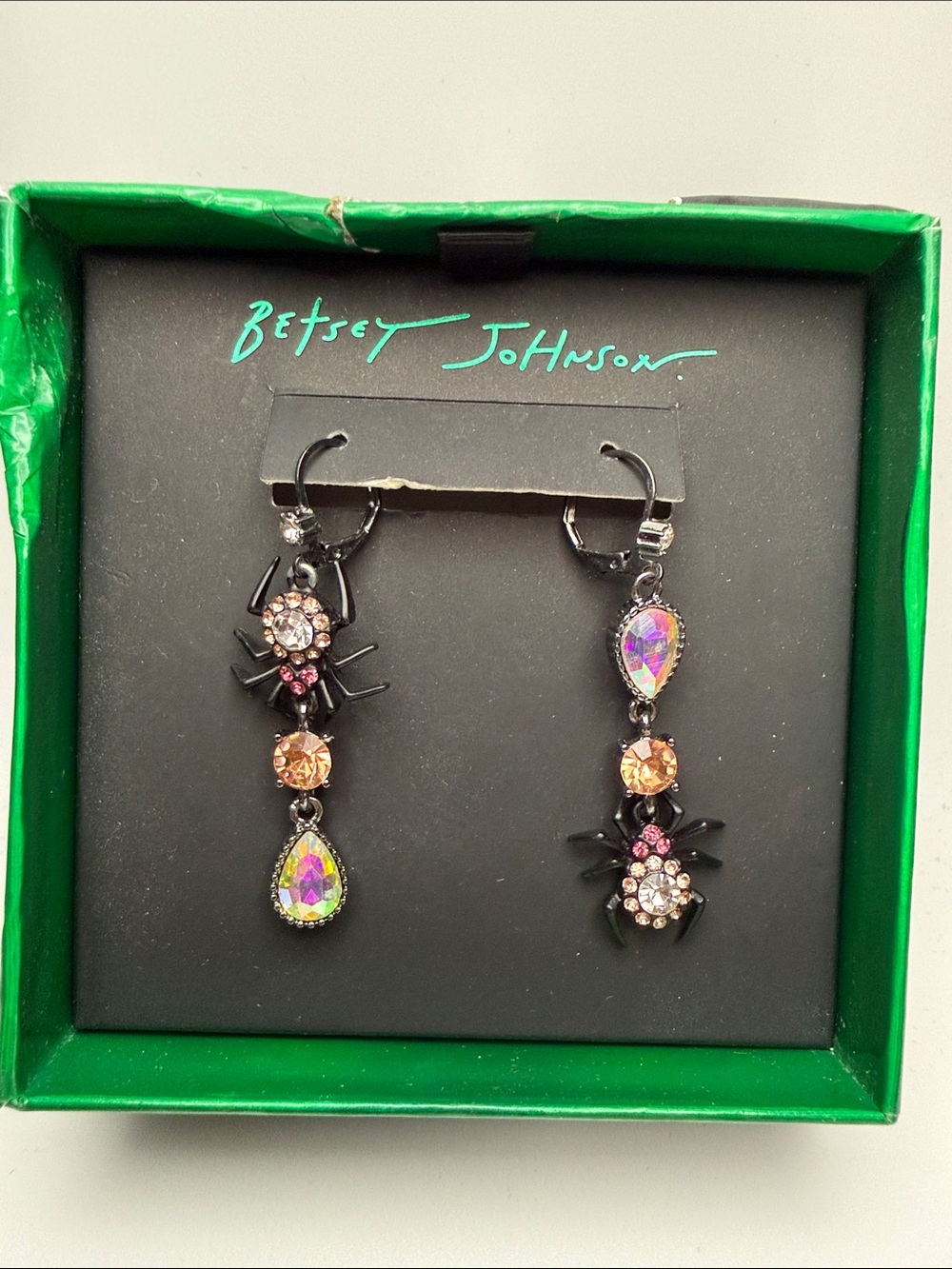 Betsey Johnson Iridescent Teardrop & Pink Crystal Spider Dangle Earrings
